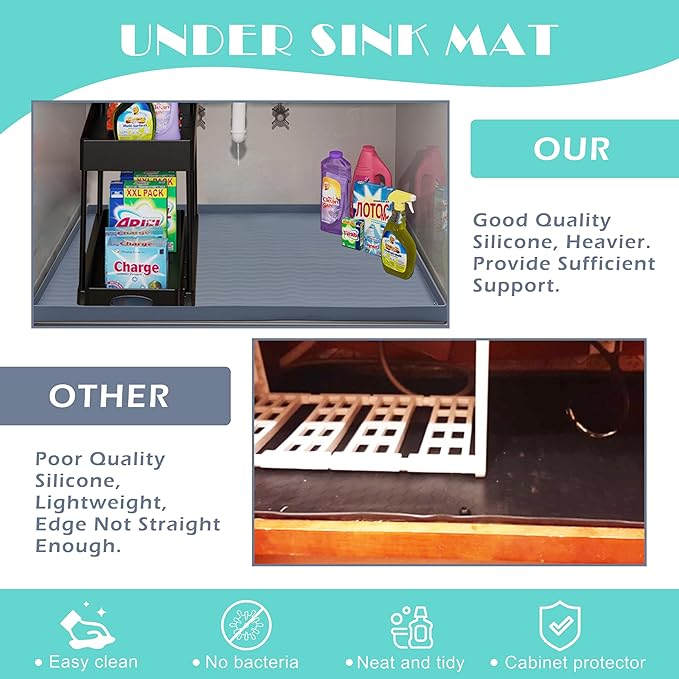URMONA Waterproof Silicone Under Sink Mat 34'' x 22'' Shelf Liner for Kitchen and Bathroom, Cabinet and Counter Protector, Storage and Organizers, Litter Mat, Pet Cat Puppy Essentials(Cream)
