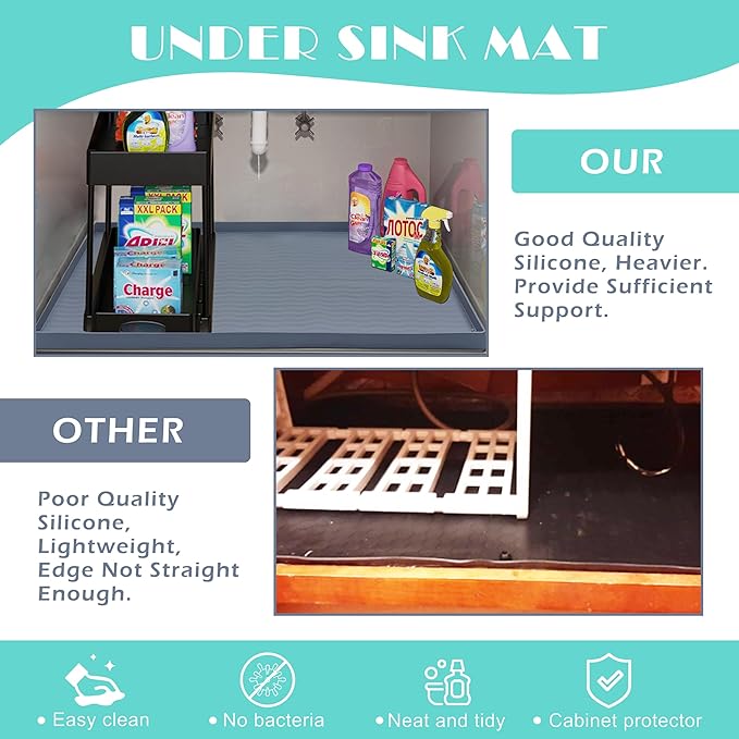 URMONA Waterproof Silicone Under Sink Mat 40'' x 22'' Shelf Liner for Kitchen and Bathroom, Cabinet and Counter Protector, Storage and Organizers, Litter Mat, Pet Cat Puppy Essentials(Black)
