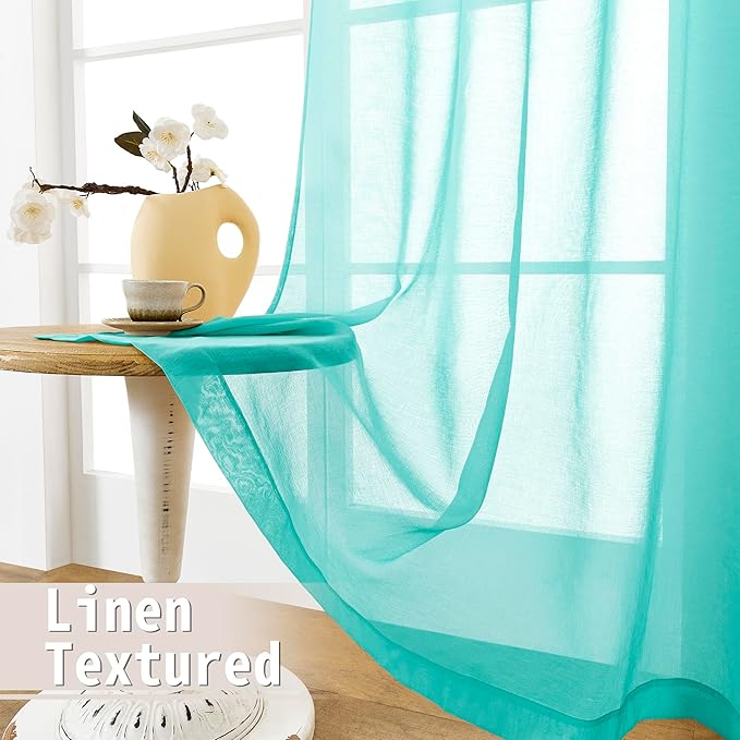 Tollpiz Short Sheer Door Curtains Closet Linen Textured Curtains Sheer Doorway Light Filtering Voile Patio Door Rod Pocket Curtain French Door, 54 x 40 inches Long, Aqua Blue, Set of 1 Panel