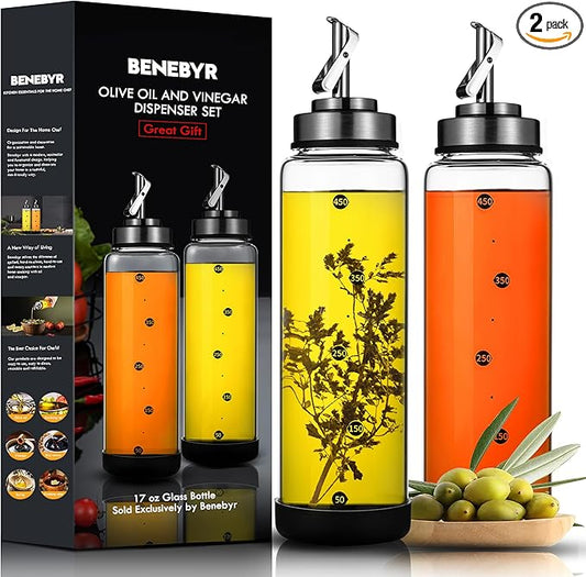 Glass Olive Oil Dispenser Bottle for Kitchen Shatterproof & Leakproof Oil and Vinegar Dispenser Set with Stainless Steel Spout & Rubber Bottom 17 oz Olive Oil Bottle for Cooking, Set of 2