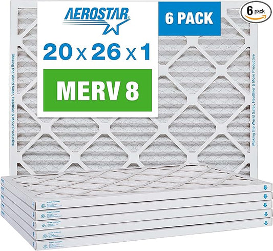 Aerostar 20x26x1 MERV 8 Pleated Air Filter, AC Furnace Air Filter, 6 Pack (Actual Size: 20" x 26" x 3/4")