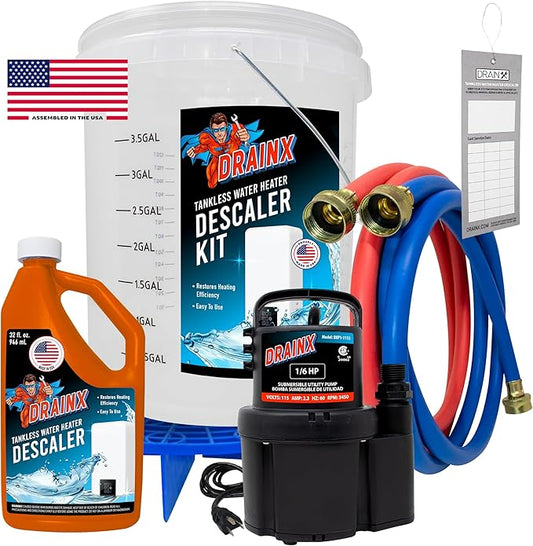 DrainX Tankless Water Heater Flushing Kit Includes Submersible Pump, Hoses, Liquid Descaler Solution, and Measuring Bucket