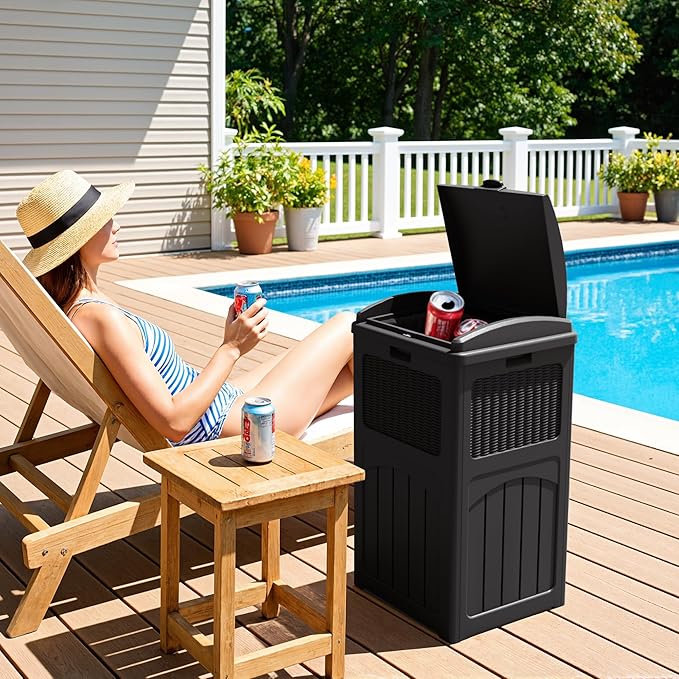 Greesum 33 Gallon Outdoor Trash Can with Lid, Waterproof Resin Garbage Bin for Hideaway, Deck, Patio, 4 Pack, Black