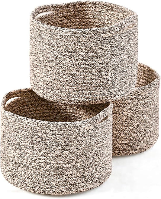 Small Storage Baskets for Organizing, Organizer Baskets for Shelves, Small Woven Basket for Storage, Cute Cotton Rope Basket for Gifts Empty, 9.7"×9.7"×7" (3 Packs) Brown