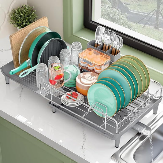 Expandable Dish Drying Rack, Foldable Dish Rack for Kitchen Counter, Stainless Steel Collapsible Dish Drainer Racks with Cutlery Holder, Gray