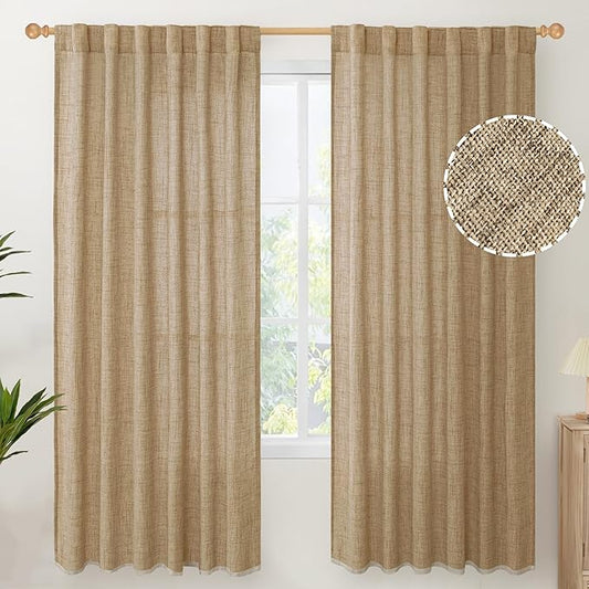 YoungsTex Burlap Linen Semi Sheer Curtains 72 Inch Length for Living Room, Semi Sheer Window Treatments Light Filtering with Rod Pocket Back Tab for Farmhouse Bedroom, Toffee, 2 Panel, 52 X 72 Inch