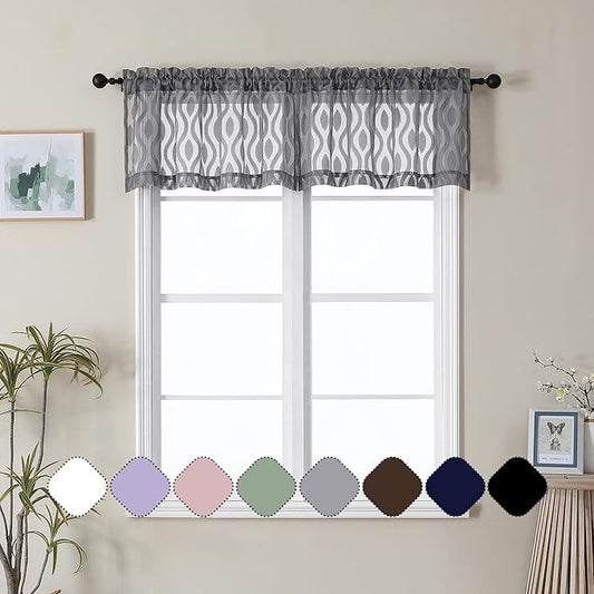 Aiyufeng Grey Valances for Windows, Clip Jacquard Chic Wavy Line Voile Sheer Curtains for Basement, Lightweight Airy Rod Pocket Short Curtains, 2 PCS, 40" Wx14" Inches
