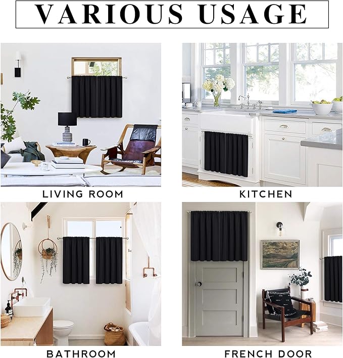 RYB HOME Black Short Curtains Blackout, 45 inch Durable Cafe Curtains Room Darkening Window Drapes Privacy Protection for Basement Closet Kithen, W29 x L45 inch, 2 Panels