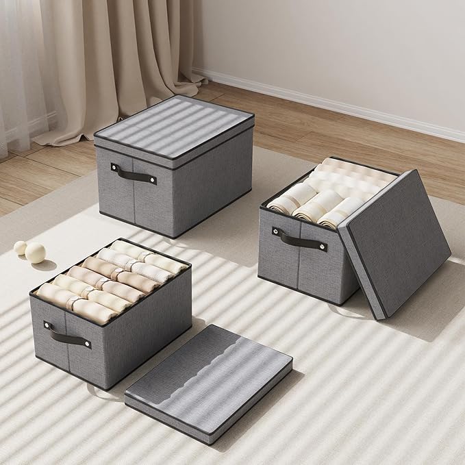 Storage Boxes, 15 x 9.8 x 8.3 Inch Baskets for Organizing with Lids, Fabric Bins with Handles, Decorative Linen Closet Organizers, Gray, 3 Pack