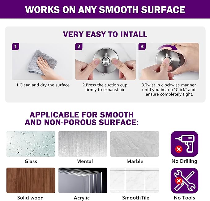 JOMOLA Brushed Stainless Steel Shower & Bathroom Hooks - No Drill Adhesive-Free Suction Cup Hardware, Rustproof Waterproof Metal Wall Mount for Towel Robe, Damage-Free (2-Pack)