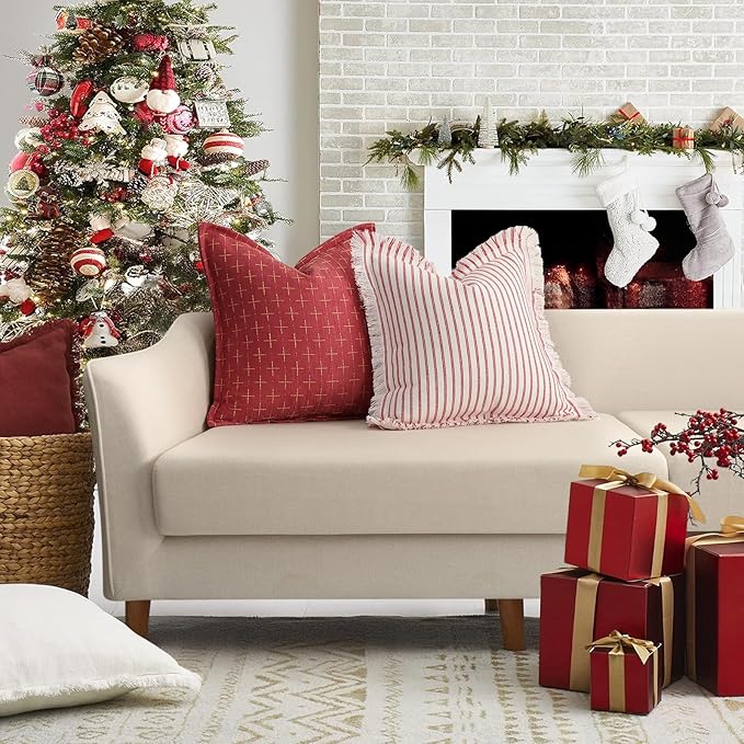 ZWJD Christmas Pillow Covers 26x26 Set of 2 Soft Polyester Textured Red Pillows with Stylish Flange Edge Cozy Farmhouse Christmas Decor for Couch Bed Sofa Living Room (Red)