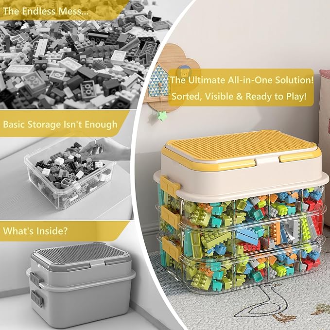 Toy Storage Organizer Box with Handle, Stackable Building Block Toy Box with Building Plate Lid & Removable Sorting Trays, Cubby Bins and Containers 3 Layer (Lemon)
