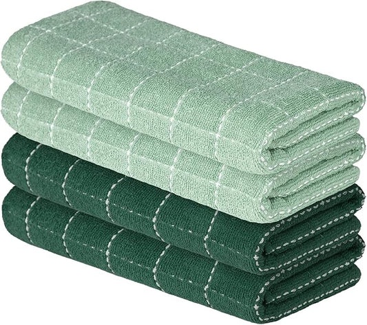 Artoid Mode Checkered Designed Cotton Dark Green Terry Kitchen Dish Towels, 15x25 Inch Soft Absorbent Quick Drying Cleaning Tea Towels Set of 4