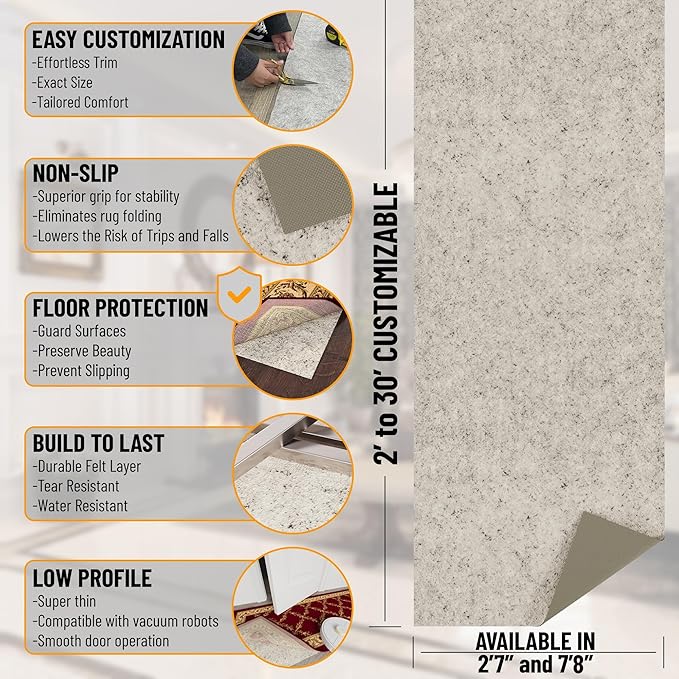 Ottomanson 7' x 7'8" Non-Slip Rug Pad Gripper 1/12 Inch Ultra Thin Dual Surface Felt + Rubber Gripper - Safe for All Floors, Cream