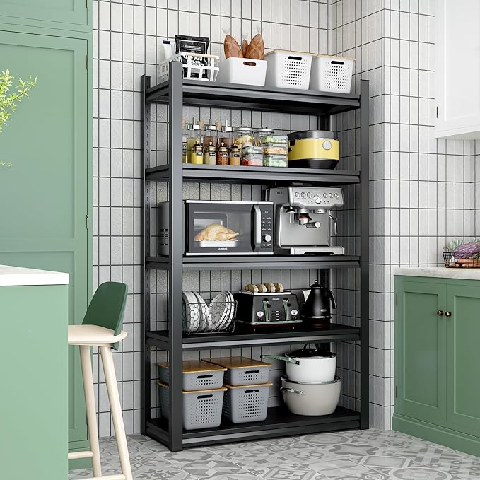 63" H Heavy Duty Garage Shelving, Metal Storage Shelves, Adjustable 5 Tier Metal Shelving Unit, Industrial Utility Rack for Garage, Warehouse, Workshop, 16" D×31.5" W×63" H, Black