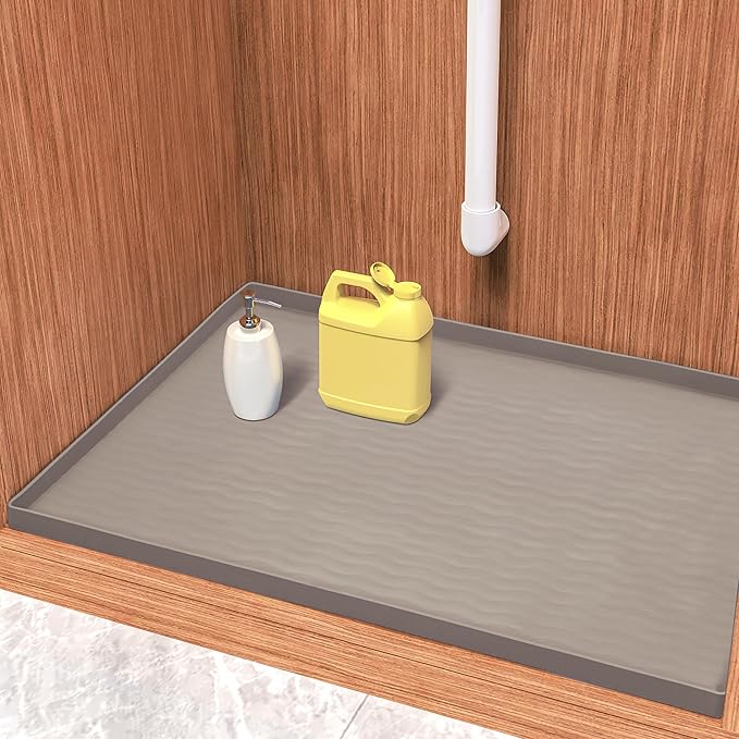 URMONA Waterproof Silicone Under Sink Mat 19'' x 12'' Shelf Liner for Kitchen and Bathroom, Cabinet and Counter Protector, Storage and Organizers, Litter Mat, Pet Cat Puppy Essentials(Beige)