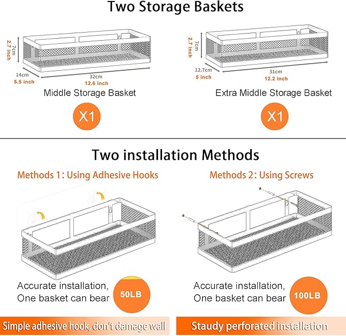 PUSDON Hanging Storage Baskets Organizer Wall Mount, Metal Wire Storage Bin Rack for Kitchen Bathroom Shower Spice Shelf Home Decor Essentials Black-2 Packs (Netting)