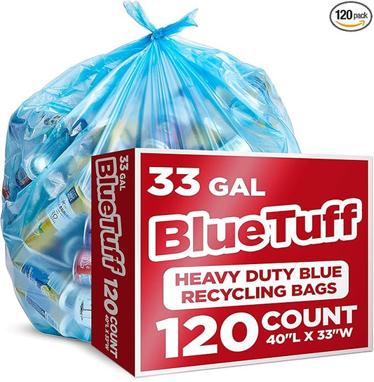 Heavy-Duty Blue Recycling Bags, 120-Pack Blue Garbage Bags For Recycling | 33-Gallon Capacity| Commercial, Industrial or Home Use