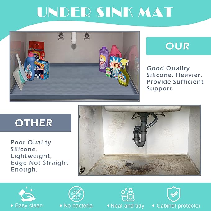URMONA Waterproof Silicone Under Sink Mat 19'' x 19'' Shelf Liner for Kitchen and Bathroom, Cabinet and Counter Protector, Storage and Organizers, Litter Mat, Pet Cat Puppy Essentials(Beige)