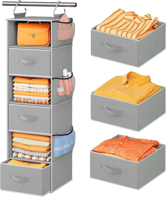 Pipishell Hanging Closet Organizer 6-Shelf, Hanging Shelves for Closet with 3 Removable Drawers & Side Pockets for Bedroom or Garment Rack, 12' x 12' x 43.3', Dark Gray