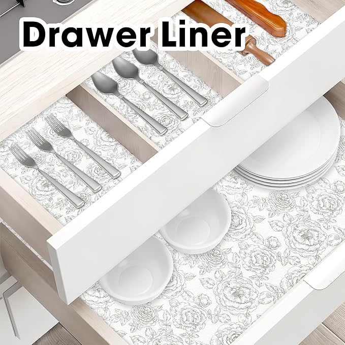 Drawer and Shelf Liner for Kitchen Cabinets Non-Adhesive Cabinet Liners for Shelves Strong Grip Non Slip Waterproof Cupboard Liner for Dresser Refrigerator, Bathroom, Flower,17.5IN X 10FT