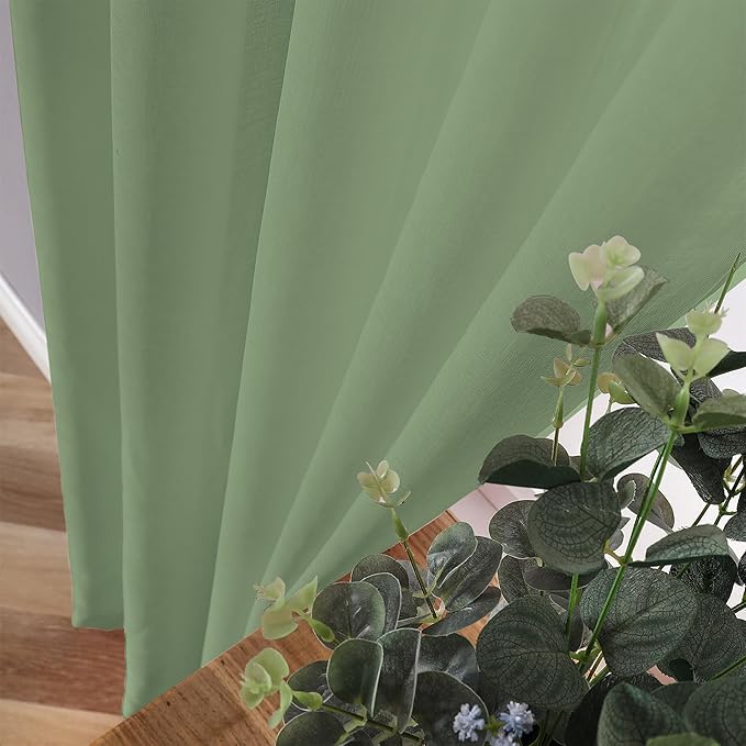 Tollpiz Sheer Tier Curtains Kitchen Linen Textured Half Curtain Sheers Light Filtering Rod Pocket Voile Bathroom Short Curtains for Farmhouse, 25 x 30 inches Long, Sage Green, Set of 2 Panels