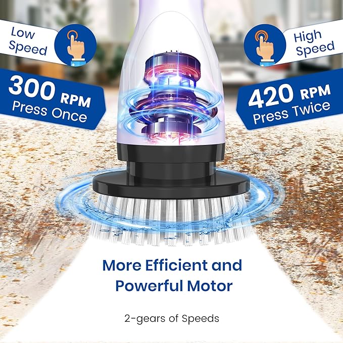 Electric Spin Scrubber, Full-Body IPX7 Waterproof Cordless Shower Scrubber with 4 Replaceable Heads, Upgraded Extension Handle, 2H Work Time, 2 Speeds for Bathroom Shower Tile Glass