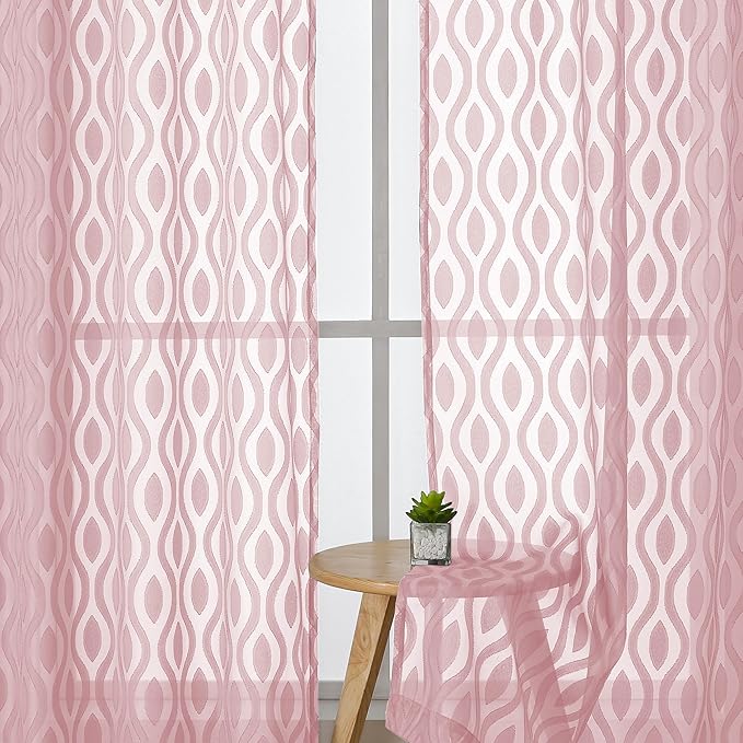 Aiyufeng Sheer Curtains 72 Inches Long for Living Room 2 Panels Set, Light Filtering Clip Jacquard Textured Sheer Bedroom Curtain, Chic Wavy Line Sliding Door Curtains, Blush Pink, 40" Wx72 L Inches