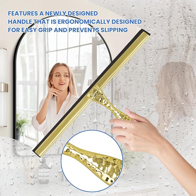 2-Pack Shower Squeegee for Glass Doors, 12 inch Gold Stainless Steel & 5 inch Pink Mini with 2 Gold Hooks, Non-Slip Hammered Handle, Silicone Wiper for Shower, Bathroom, Tile and Mirror