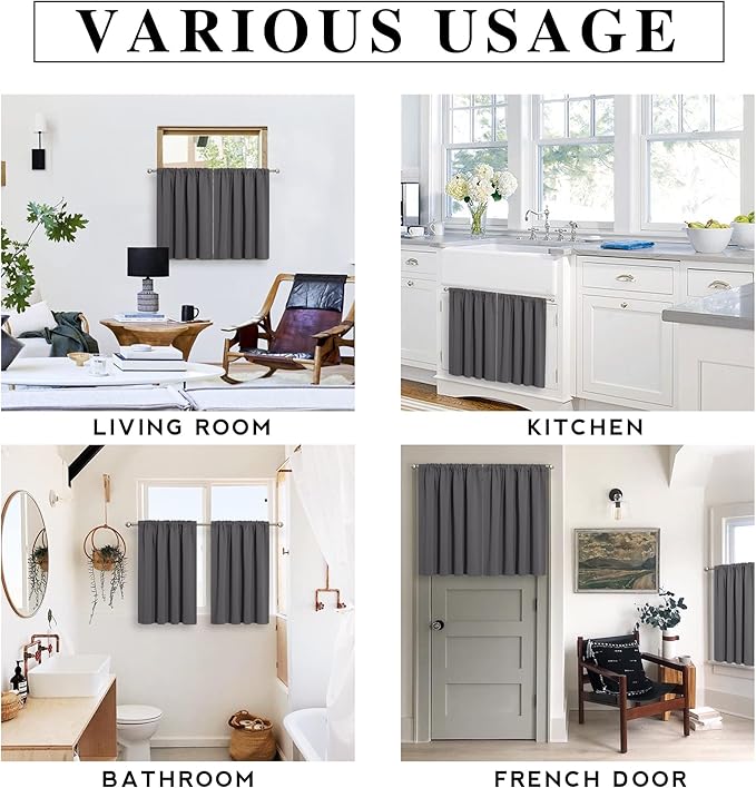 RYB HOME Small Curtains for Kitchen Window - Blackout Privacy Portable Curtain Set for Bedroom Office Bathroom Basement Garage Storage Enclosure RV Bunk, W 34 x L 30 inch, Grey, 2 Pcs