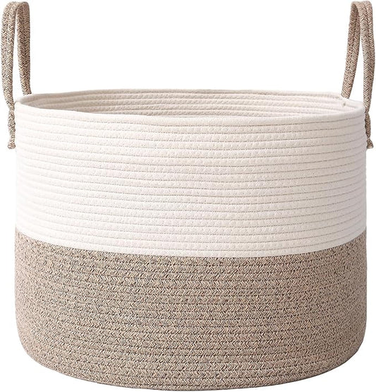 Woven Blanket Basket,65L Large Rope Storage Bin with Handles, Organizer for Blankets Toys Book and Clothes, Laundry Basket for Living Room Bedroom Nursery,White&Brown