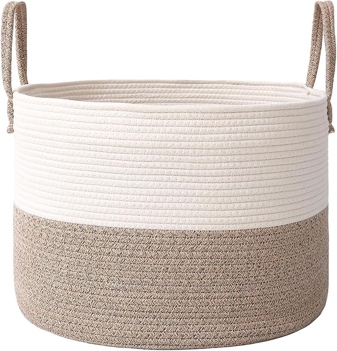 Woven Blanket Basket,115L Large Rope Storage Bin with Handles, Organizer for Blankets Toys Book and Clothes, Laundry Basket for Living Room Bedroom Nursery,White&Brown