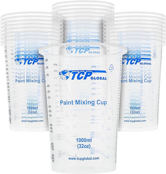 TCP Global 32 oz. (1000ml) Graduated Plastic Mixing Cups (Box of 25) - Disposable Plastic Measuring Cups for Liquids, Paints, Resin, Epoxy, Art, Kitchen - Ratios 2-1, 3-1, 4-1 ML