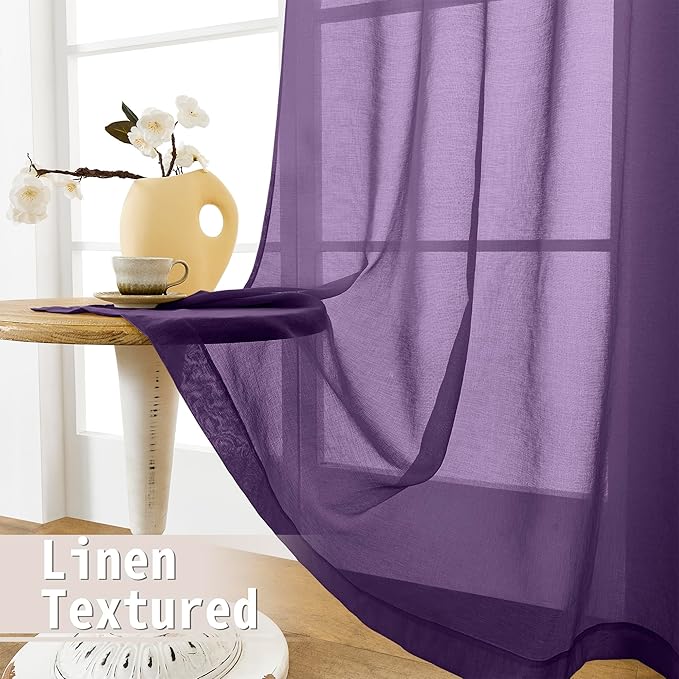 Tollpiz Sheer Curtains Closet Linen Textured Curtain Sheers Doorway Light Filtering Voile Patio Glass Door Rod Pocket Curtains French Door, 54 x 80 inches Long, Royal Purple, Set of 1 Panel