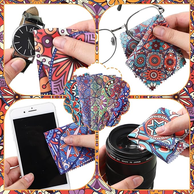 Sinmoe 20 Pcs Microfiber Cleaning Cloth Microfiber Cloth Gift Soft Multicolor Glasses Cleaner for Eyeglasses Camera Lens Cell Phone Screens Glasses, 6 x 6 Inches(Mandala)
