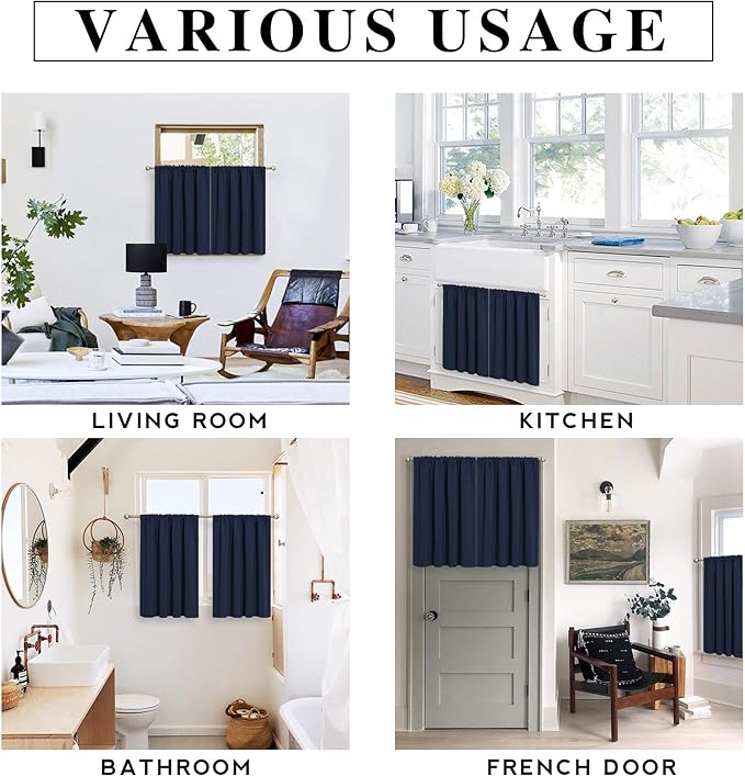 RYB HOME RV Camper Door Window Curtains -Blackout Privacy Curtains & Drapes for Bathroom Bedroom Kitchen Portable Travel Trailer Small Window Decor, W 34 x L 24, Navy Blue, 2 Panels
