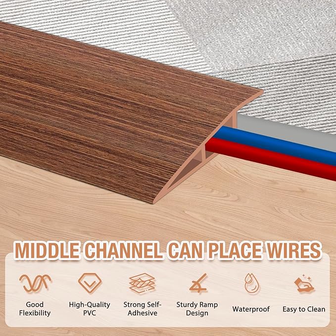 Floor Transition Strip Self Adhesive Vinyl Door Threshold for Doorways Carpet Edging Trim Overlap Edge Reducer for Laminate Floor, Carpet, Tile (Light Brown Wood Grain, 2/5" to 3/5", 6.6Ft)