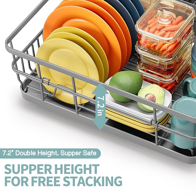 Dish Drying Rack for Kitchen Counter, Large Dish Racks with Drainboard, Kitchen Sink Dish Strainer Rack, Countertop Dish Drainer Rack with Cup & Utensil Holders, Dish Dryer Rack Large Size Gray