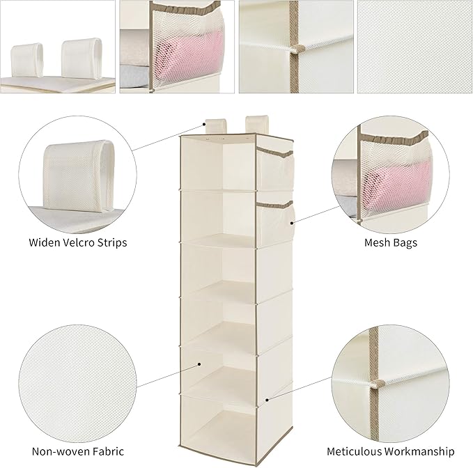 MAX Houser 6 Tier Shelf Hanging Closet Organizer, Closet Hanging Shelf with 2 Widen Straps for Storage, Foldable (Beige2)