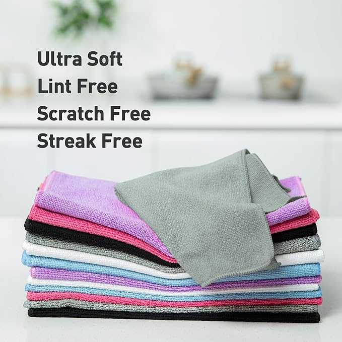 Gray Microfiber Cleaning Cloth 13"x13", Ultra Soft Absorbent Microfiber Cleaning Rags for Housekeeping Cleaning Supplies, Lint Free Reusable Cleaning Cloths for House Washable, Pack of 12