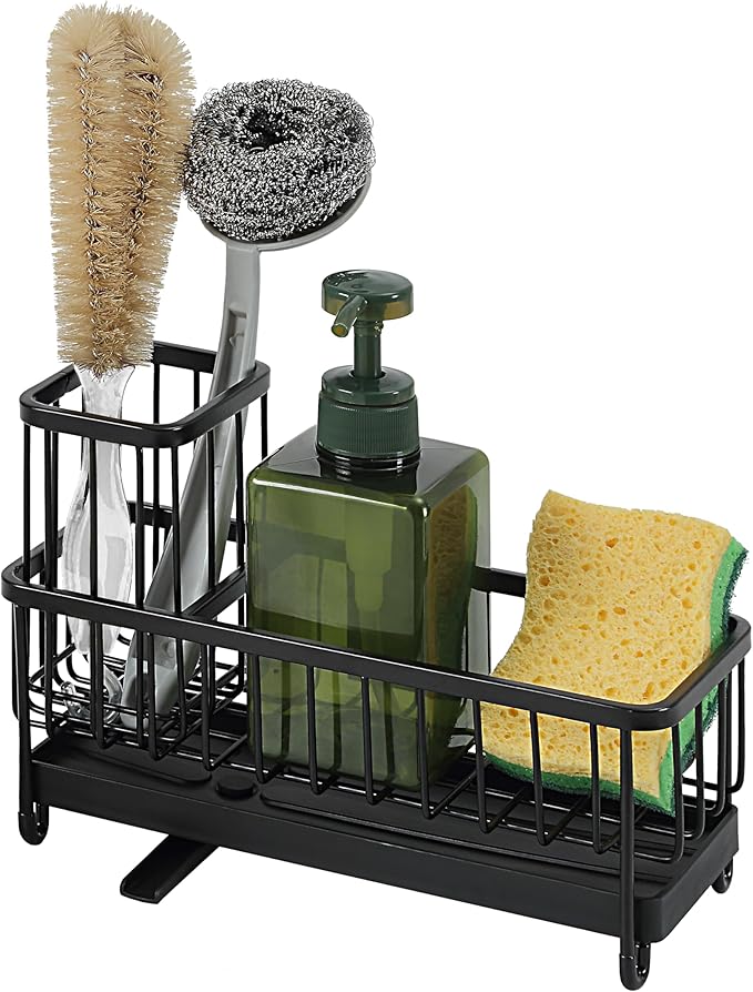 SunnyPoint Never Rust Stainless Utensil, Sink Cleaning Tools Holder for Kitchen Sink With Drain Board; Dish Wand, Sponge, Soap Dispenser, Utensil Organizer Caddy (BLK)