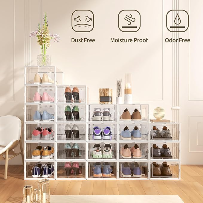 Secret Space 12 Pack XX Large Shoe Storage Organizer for Closet, Modular Space Saving Shoe Boxes Clear Plastic Stackable Containers Display Case Bins with Lids, Shoe Rack for Sneaker Storage, White02