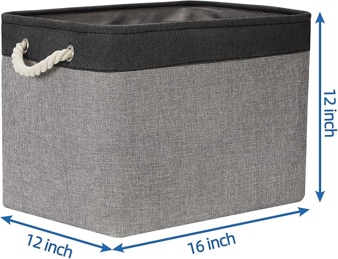 Temary Large Storage Baskets 2 Pack Cloth Basket for Shelves Collapsible Decorative Storage Organizer Baskets Canvas Storage Bins with Handles for Home(Grey&Black,16Lx12Wx12H Inches)
