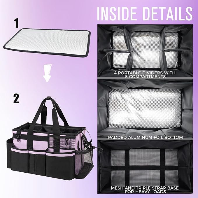 Wearable Cleaning Caddy, Cleaning Caddy Supplies Organizer with Handle & Shoulder Straps for Housekeepers, Under Sink & Car Cleaning Tool Organizers Bag with 4 Foldable Divider (Lilac)