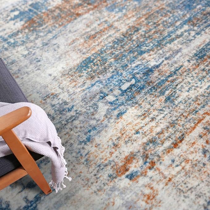 IOHOUZE Abstract Round Area Rug 8 Ft Washable Circle Rugs Large Round Rug Non Slip Thin Soft Circle Rugs, Printed Faux Wool Floor Carpet for Bedroom Living Room Dining Room Nursery, Blue Rust