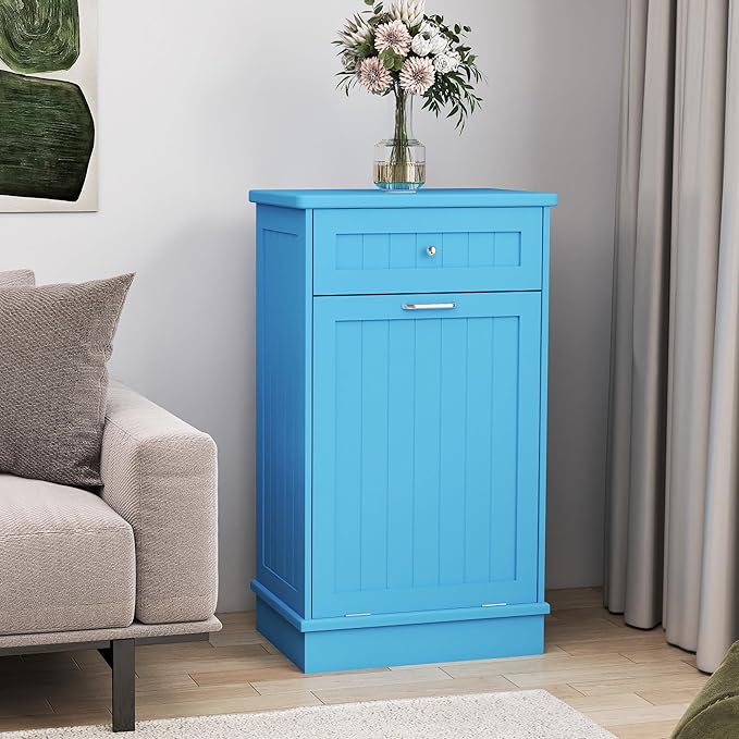 Betterhood Tilt Out Trash Cabinet 10 Gallon Wooden Free Standing Laundry Sorter Cabinet,Recycling Cabinet with Hideaway Drawer,Tilt Out Trash Cabinet Can Bin Kitchen (Single Light Blue, Single Dooor)