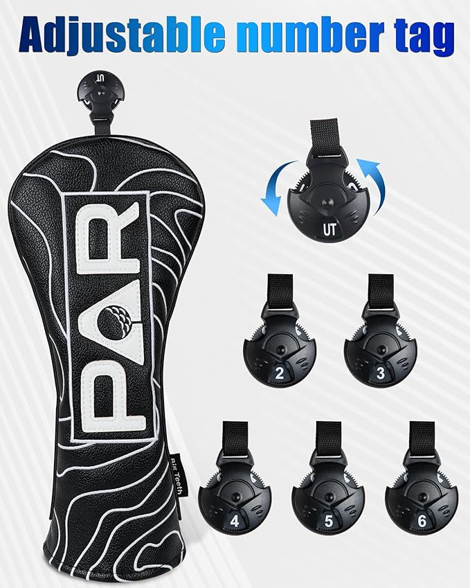 Big Teeth Golf Club Covers Full Set Driver Headcover Fairway Wood Hybrid Golf Club Iron Head Covers, Topographic Edition Putter Cover Leather Golf Head Covers Pure Black, Gifts for Men