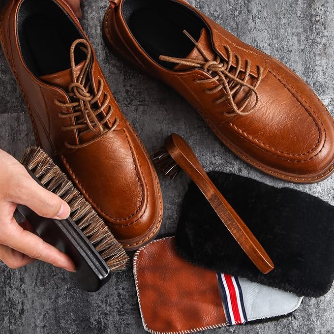 4 Pcs Horsehair Shine Shoes Brush Kit Polish Dauber Applicators Cleaning Leather Shoes Boots Care Brushes Suede Cleaner Brush with Microfiber Shoe Gloves(4 Pcs Style D)