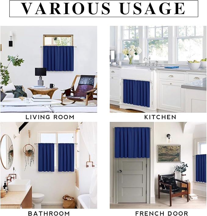 RYB HOME Bathroom Window Curtains - Super Soft Blackout Privacy Curtains for Baby Nursery Bedroom Basement Garege Workshop Kitchen Dining Living Room, W 29 x L 30, Marine Blue, 2 Pcs