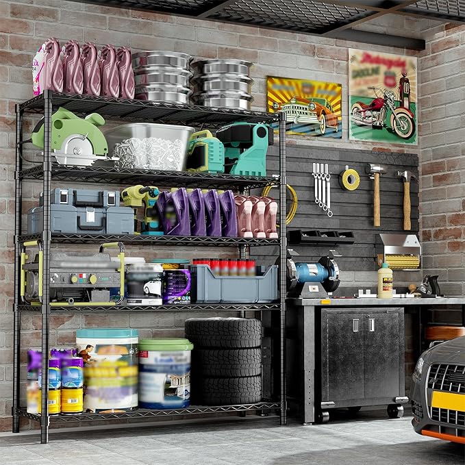 Storage Shelves, 48" L x 20" W x 72" H Heavy Duty Garage Wire Shelving Unit Loads 2000LBS, 5-Tier Adjustable Metal Industrial Utility Shelf Rack for Kitchen, Laundry Room, Basement